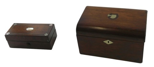 Two 19thC boxes, comprising a mahogany tea caddy, the top inset with mother of pearl, with partially fitted interior, 11cm high, 19cm wide, 13cm deep, and a rectangular stationery case, mother of pearl set, 6cm high, 15cm wide, 7cm deep. (2)