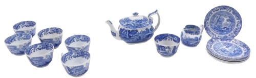 Spode blue and white Italian pattern wares, comprising six teacups and saucers, milk jug, sugar bowl, and teapot.