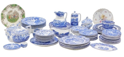 20thC blue and white part Copeland Spode tea and dinner service, to include plates, coffee pot, teapot, tureen and cover, soup bowls, pin dishes, a German cabinet plate, and a Copeland Spode cabinet plate. (3 trays)