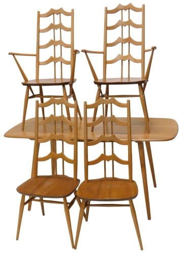 An Ercol elm and beech dining room suite, comprising rectangular table, and a set of four bat's wing ladder back chairs, including two with arms.