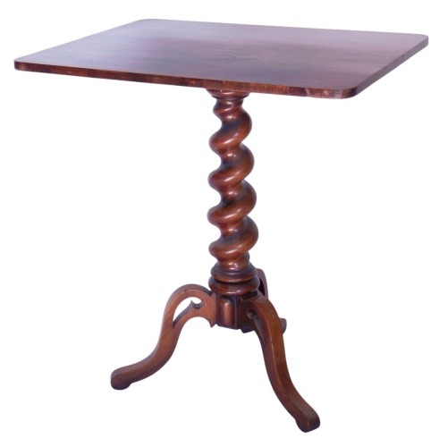 A 19thC figured mahogany tripod table, with rectangular top, supported on a tapered spiral column and stylised pierced haunch legs, 74cm high, 69cm x 53cm.