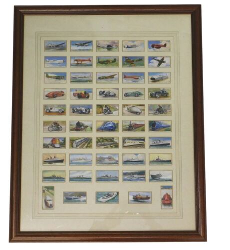 Willis's Cigarette Cards, 'Speed' collection featuring various planes, trains and automobiles, framed.