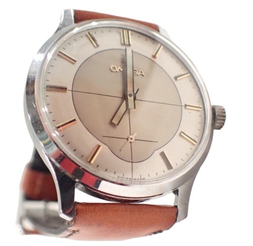 An Omega 1950s/60s two tone cross hair dial wristwatch, in stainless steel backing, on a later brown leather strap, 3.5cm diameter, boxed.