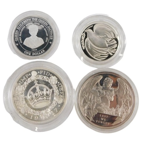 Four silver Royal Mint collector's coins, comprising 'Lest We Forget', 1937 Edward VIII coin, the 1994 Barbados Queen Elizabeth The Queen Mother Lady of the Century silver one dollar, and the 1995 WWII silver proof two pound coin, two boxed with certifica