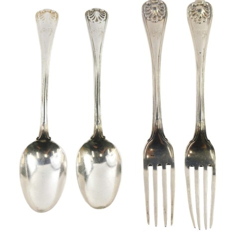Two Victorian shell and thread pattern dessert spoons and matching forks, inscribed MJB?, London 1854, 7.42oz.