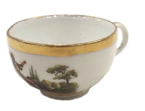 20thC Meissen porcelain cabinet cup, hand painted with figures in a landscape, within gilt banded borders, Meissen under glaze blue mark to the foot, impress mark , 4.5cm high.