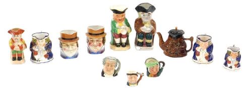 A collection of Toby jugs and character jugs, including Royal Doulton The Lawyer, Sairey Gamp, and others. (12)