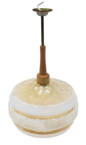 A 1960s glass and teak hanging ceiling light, the orange and white shade, on tapering mount, 49cm high, 25cm wide.