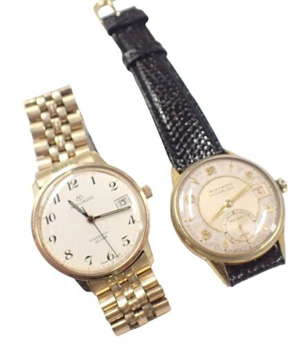 Two Movado wristwatches, comprising a Movado Calendoplan wristwatch, with silvered dial, and gold plated case, on leather strap, and a Movado Kingmatic HS288 gent's wristwatch, in 14ct gold filled case, inscribed Alan Love Pat 12-28-73. (2)