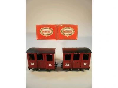 Two Mamod maroon livery passenger coaches