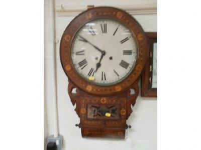 A Tunbridge ware late 19thC wall clock with enamel dial and roman numerals