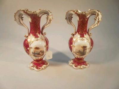 A pair of Samuel Alcock style rococo revival porcelain baluster vases