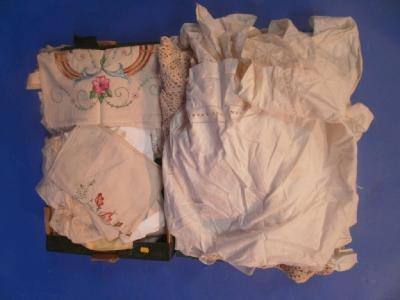 A quantity of table and other linen including a crocheted table cover