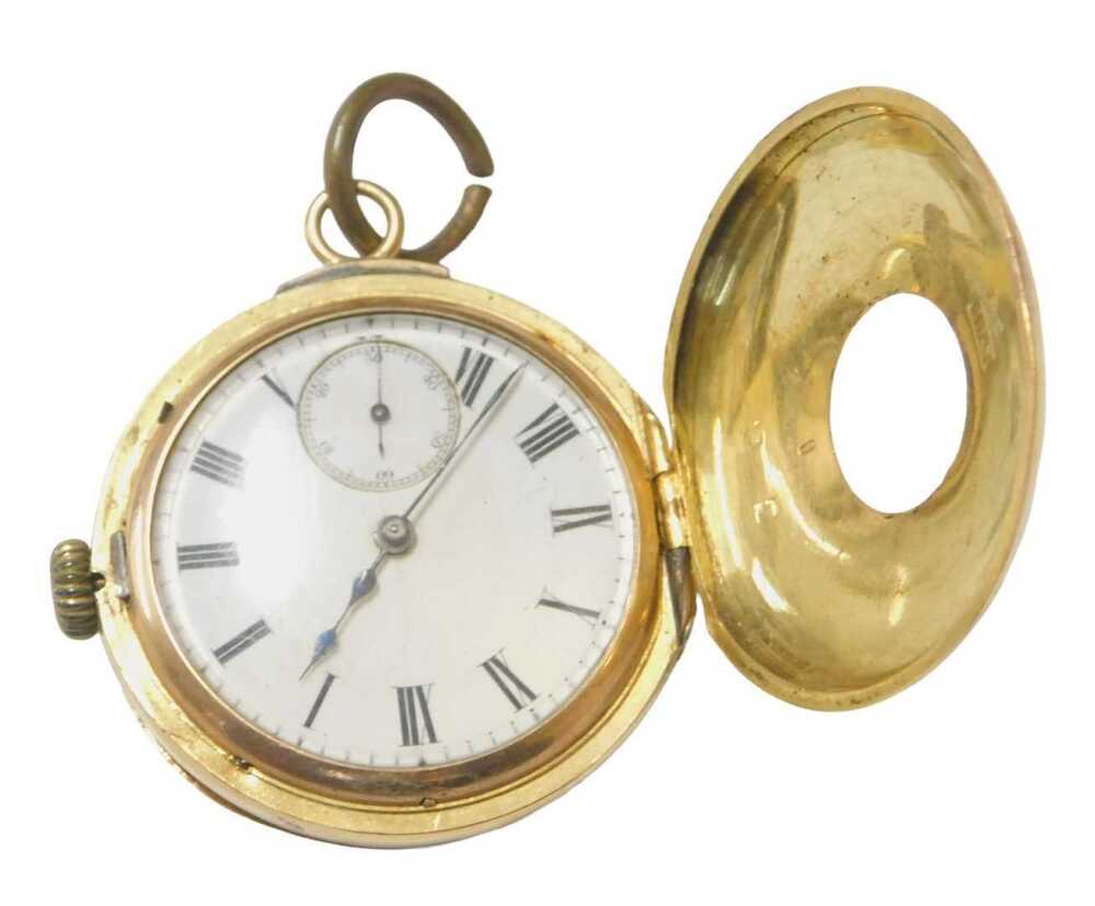 An early 20thC half hunter pocket watch, with a white enamel Roman ...
