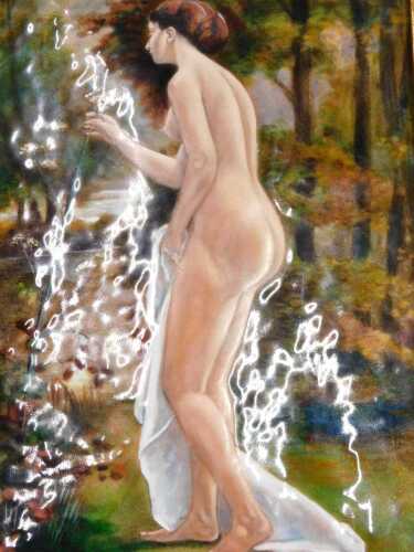 F.J. Carmona after Brillaud. Nude female in a garden, Limoges enamel plaque, noted in gilt...