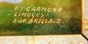 F.J. Carmona after Brillaud. Nude female in a garden, Limoges enamel plaque, noted in gilt... - 2