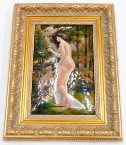 F.J. Carmona after Brillaud. Nude female in a garden, Limoges enamel plaque, noted in gilt... - 3