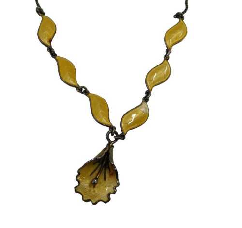A Norwegian silver and enamel necklace, the central flower with yellow enamel and three waved...