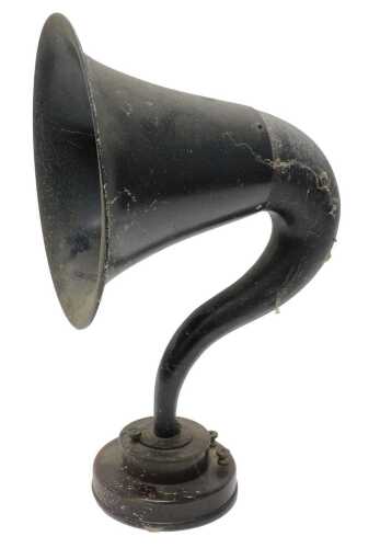 A1920s Brown tin horn speaker, S G Brown Ltd, with a moulded badge, 50cm high.