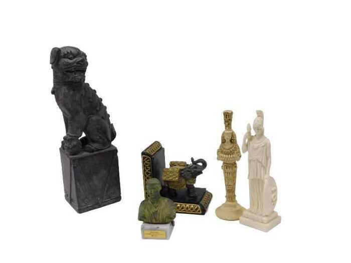 Classical figure groups, etc., dog of fo, 44cm high, Delphi bust, elephant book end, other...