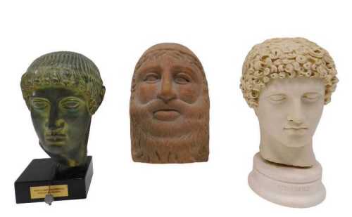 An Antiksan Turkiye Hermes bust, Roman style face mask, and a further bust of Apollo. (3)