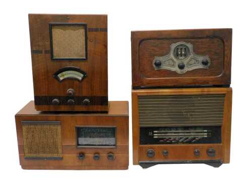 Four various walnut cased radios, Art Deco design, to include Regentone, etc. WARNING! This lot...
