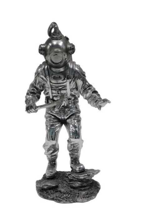 A figure of a deep sea diver, silver coloured, 39cm high.