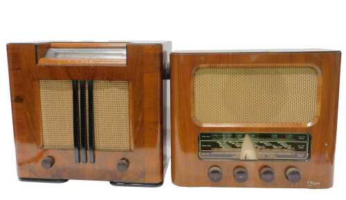 A mid 20thC walnut cased radio, 39cm high, and another. WARNING! This lot contains untested or...