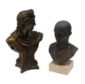 A bronze finished bust of Apollo, on inverted classical socle, 32cm high, and a further...
