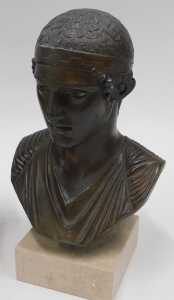 A bronze finished bust of Apollo, on inverted classical socle, 32cm high, and a further... - 2