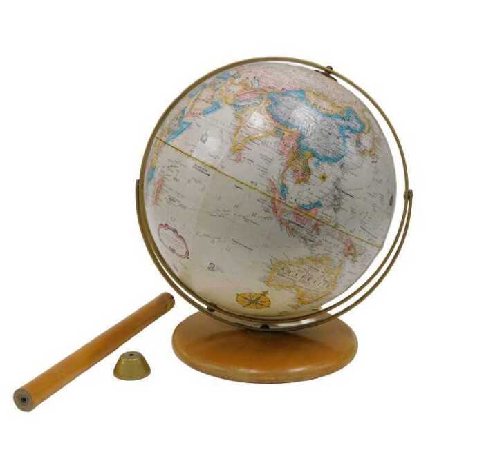 A Legend 1:31 680000 terrestrial globe, on metal axis and wooden base, 44cm high.