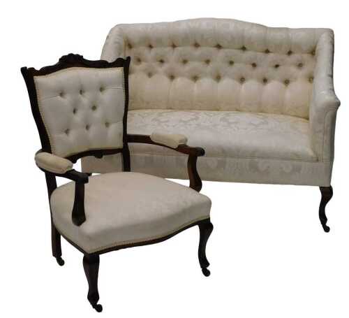 A late 19thC salon settee of good proportion, the serpentine frame with scroll arms and cabriole...