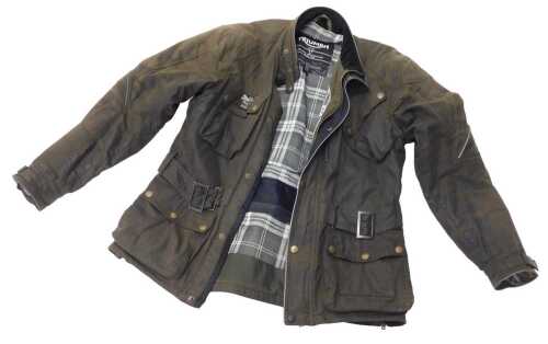 A Triumph Motorcycles oily style jacket, in green, size unknown.