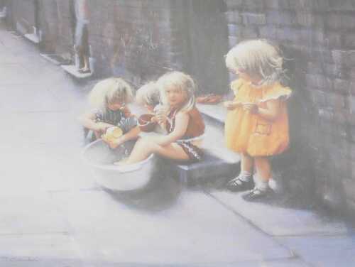 Mark Grimshaw (b1957). Girls playing in a bathtub on the street, artist signed limited edition...
