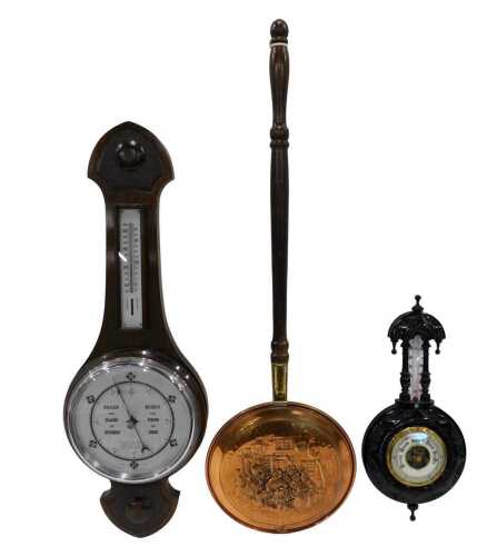 A 20thC oak stained barometer and thermometer, with 19cm diameter chrome dial, in a mitre shaped...