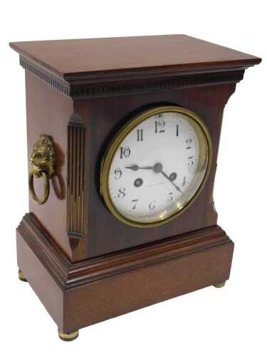 A late 19thC mahogany cased mantel clock, the 11cm diameter enamel Arabic dial flanked by...