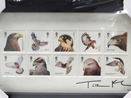 A cased set of Tim Flach Royal Mail stamps, Birds of Prey, limited edition number 21/100, signed,...