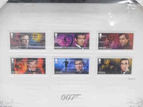 A Royal Mail 007 James Bond framed stamp set, limited edition number 54/100, signed by Michael G...