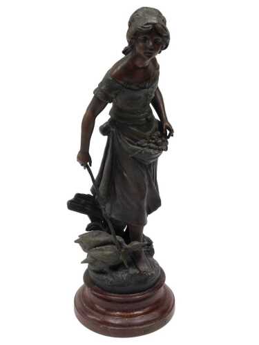 After Moreau. A late 19thC spelter figure of a lady farmhand holding stick aside geese, on a...