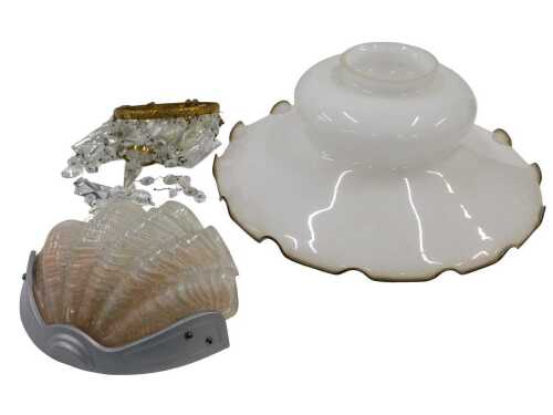 Various light fittings, a milk glass shade of inverted circular form with flared rim, 41cm wide,...