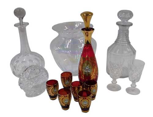 Various glassware, a ruby flash glass part decanter set, comprising decanter, 30cm high, and six...