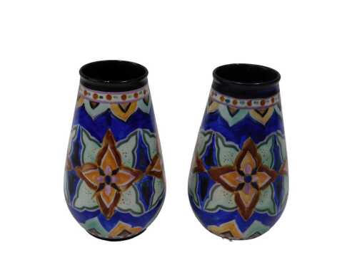 A pair of Crown Devon Delph Fielding vases, each hand painted with flowers on a blue ground,...