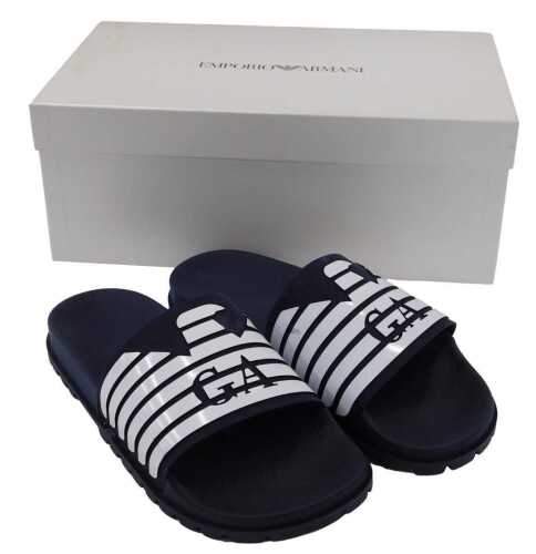 A pair of Emporio Armani flip flops, GA white stripe design, size 8, boxed with labels.