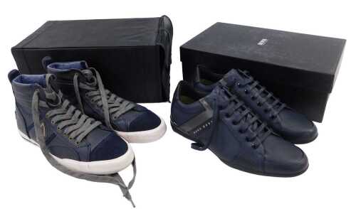 A pair of Wrangler 47 high ankle shoes or boots, in blue, in outer packaging, and a pair of Hugo...