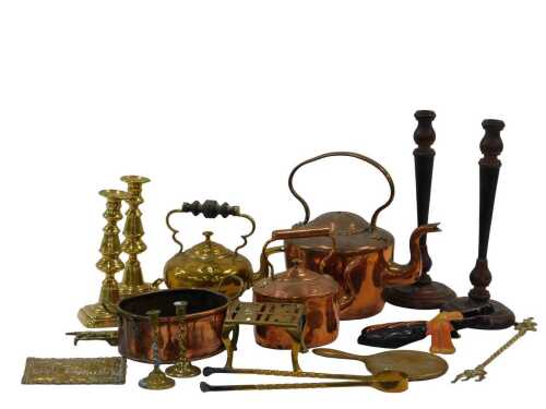 Various metalware, etc., copper kettle with fixed handle, 36cm high, other brassware, painted...