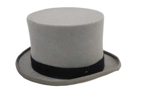 A Wegener top hat, in grey with black banding, 17cm high, in associated box, interior...