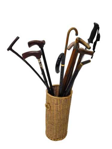 Various walking sticks, early 20thC and others, cane with silver end and collar, various others...