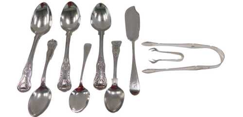 Various George III and other silver, three similar King's pattern dessert spoons, London 1813,...