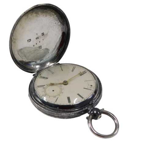 A Victorian silver hunter pocket watch, the circular Roman numeric 4cm diameter dial, in plain...