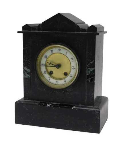 A 19thC slate and marble mantel clock, with 10cm diameter Arabic dial, in architectural case,...
